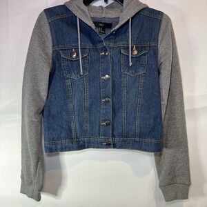 XXI Denim Jacket Blue Jean Medium Metal Button Front Crop‎ Hoodie Sweatshirt